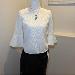 ZARA W&B White Textured Blouse Size S Bell Sleeve Minimalist Chic Top Like New